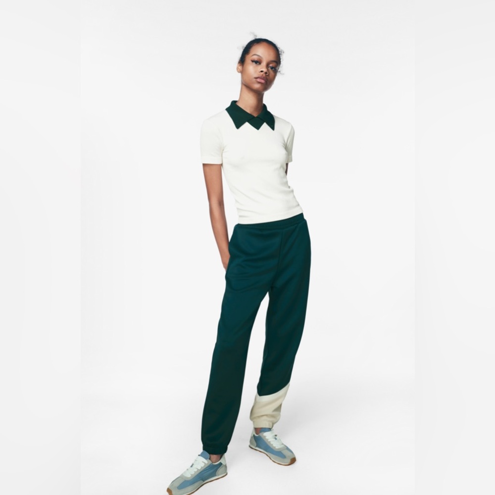 Zara RETRO SEAMLESS TOP Green Collared Stretchy Shirt- X/S- NWOT